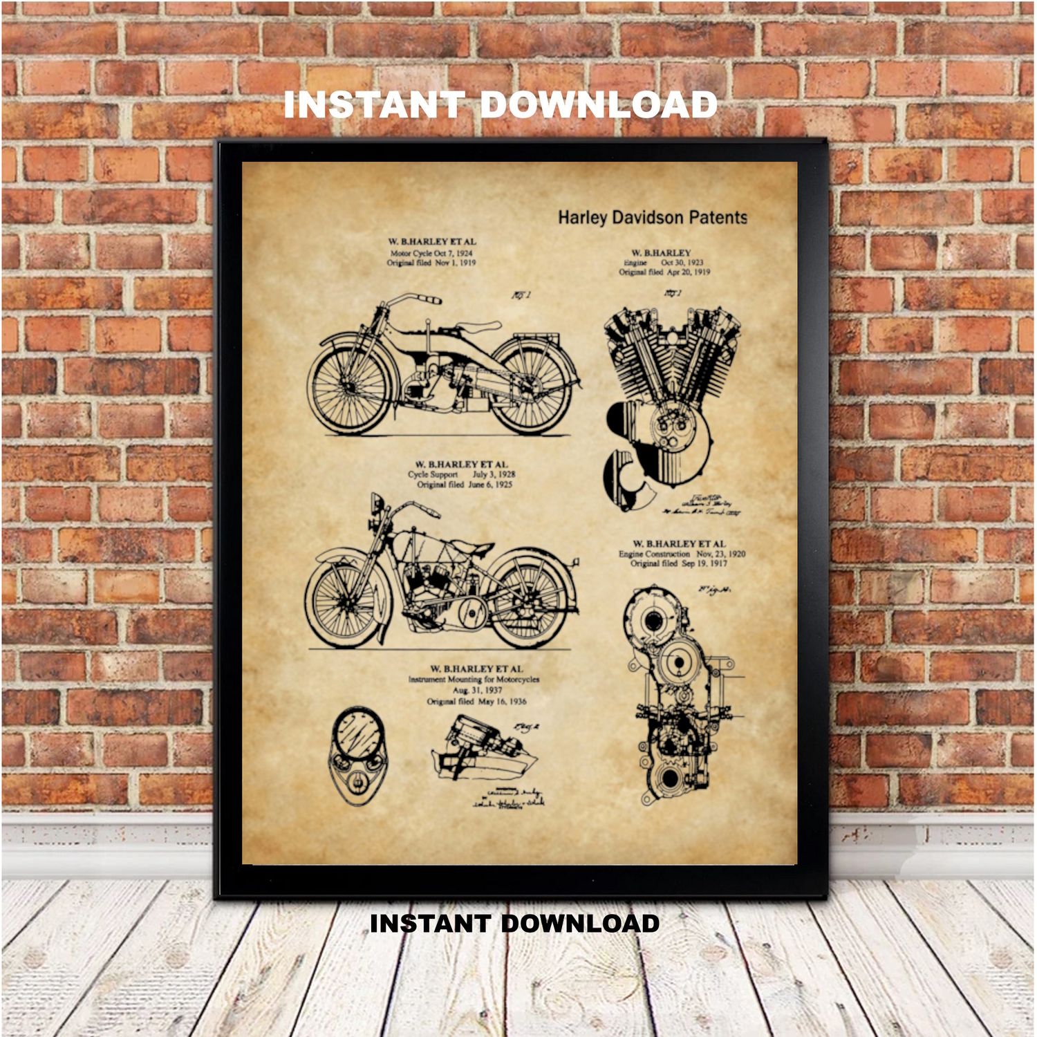 Printable Motorcycle Patent Collection- A  Collection of Harley Davidson Vintage Patents - Aged Look 8x10 11x14 16x20