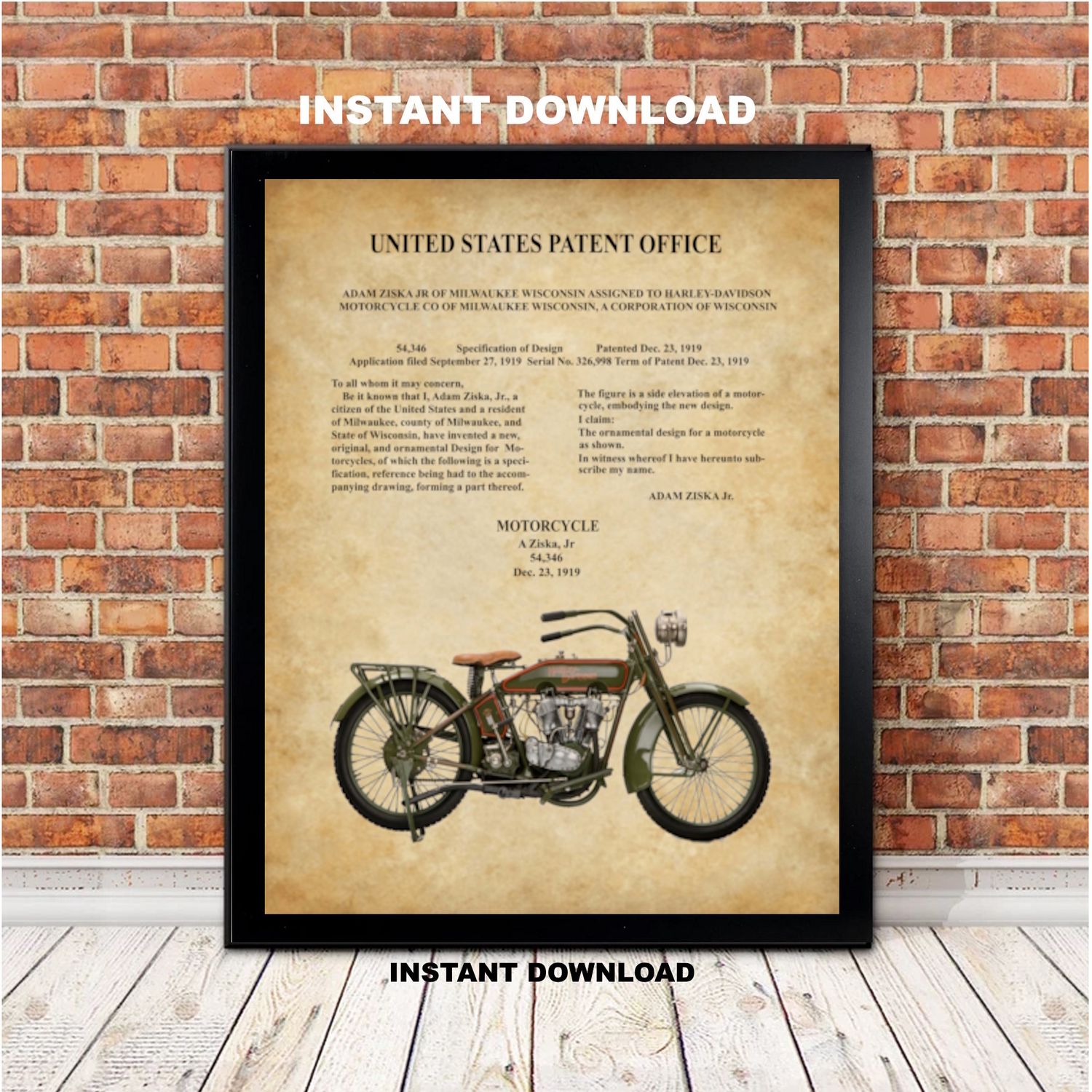 Harley-Davidson 1919 Motorcycle Wall Art – Adam Ziska Vintage Harley Model J Wall Art – Printable 11x14 &amp; 16x20 Posters