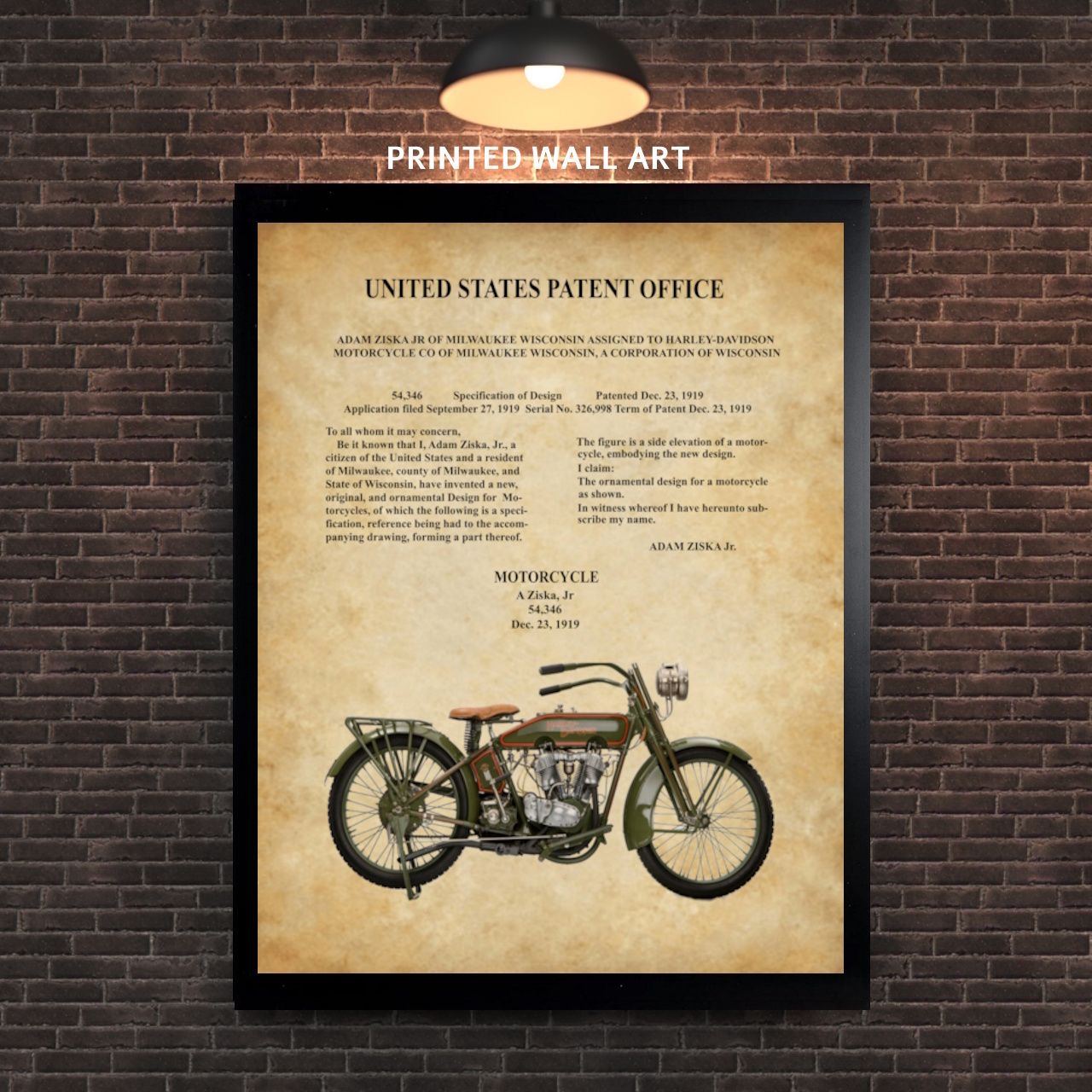 Harley-Davidson 1919 Motorcycle Patent Art – Adam Ziska Vintage Harley Model J Wall Art – Printed 11x14