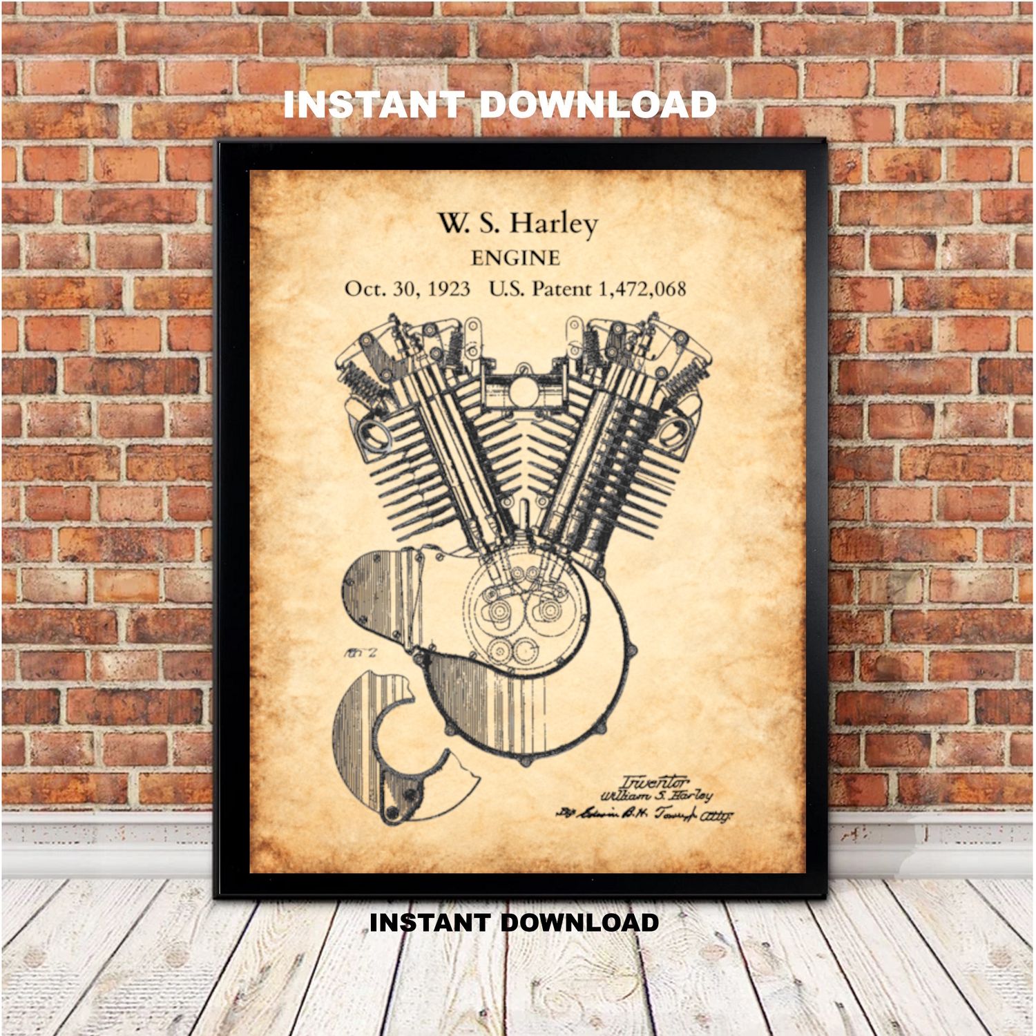 Harley Davidson Engine Patent Print 1923 – William S. Harley V-Twin Motorcycle Patent Art – Vintage Motorcycle Wall Art – Printable 8x10, 11x14 &amp; 16x20 Poster