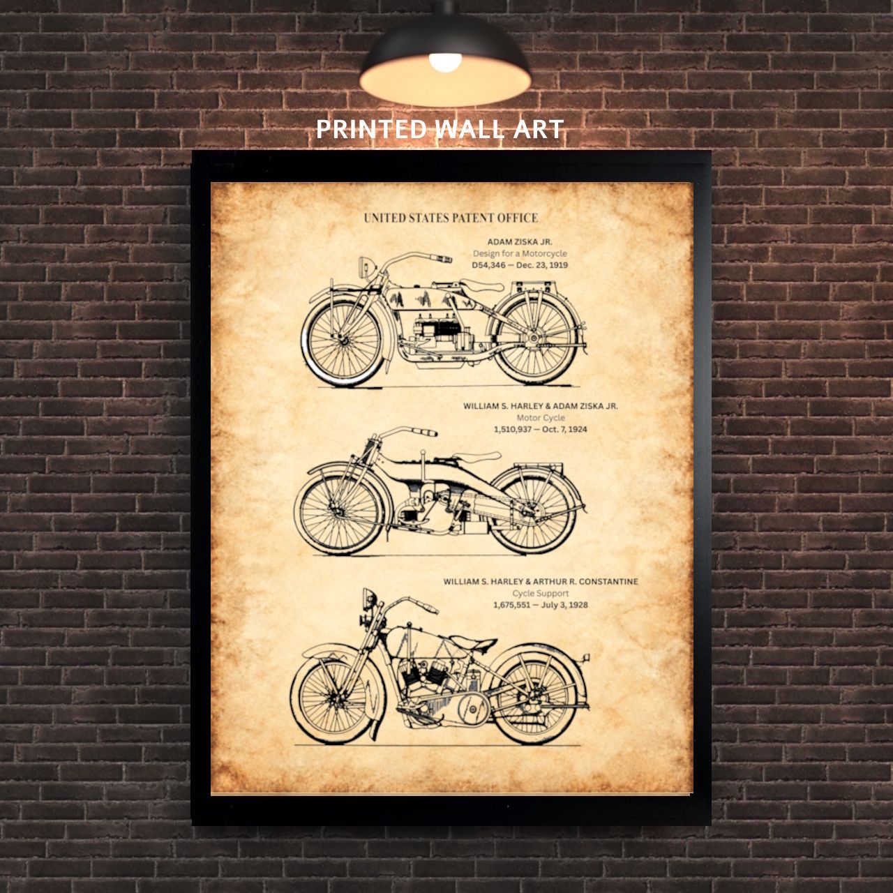 Vintage Harley-Davidson Motorcycle Patent Art – 3 Historic Patent Drawings in one Print – Printed 11x14
