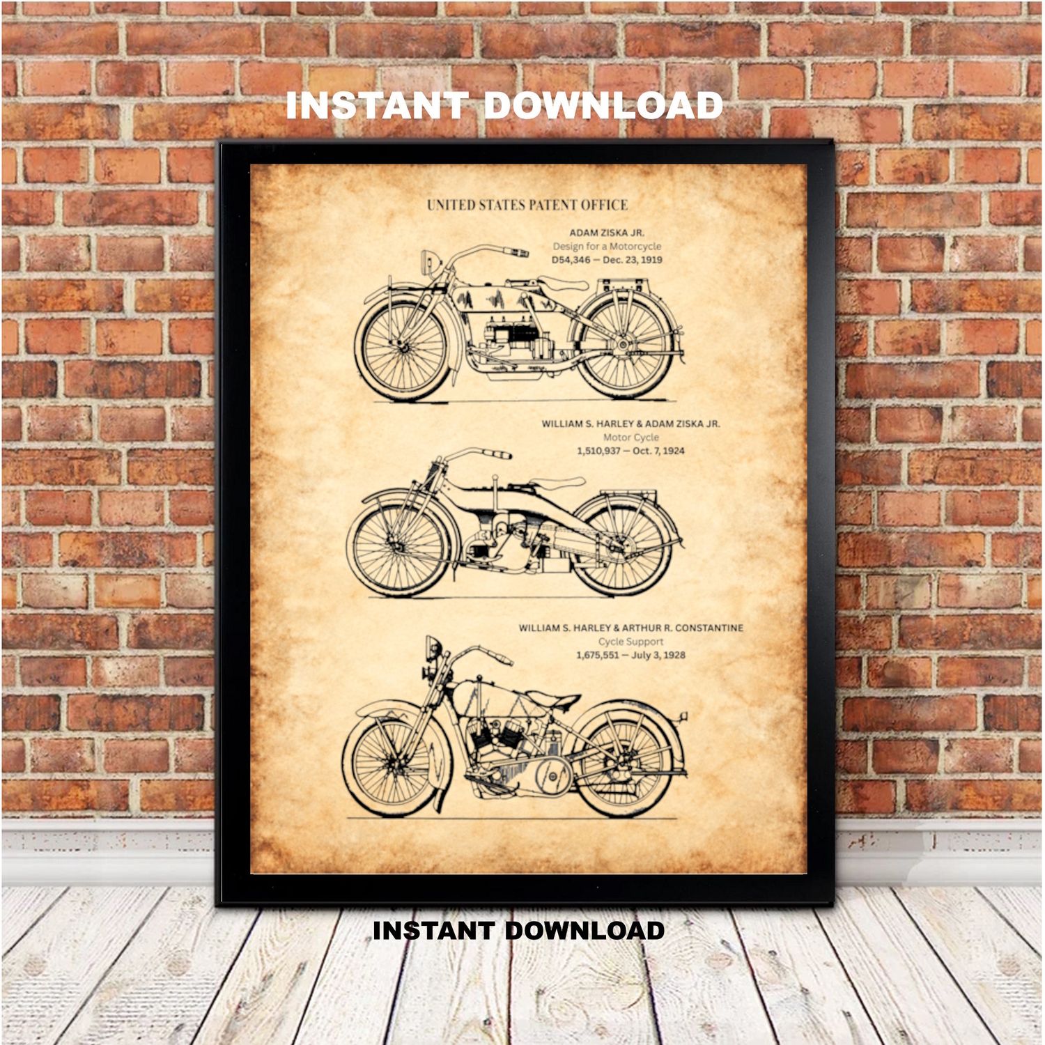 Vintage Harley-Davidson Motorcycle Patent Art – 3 Historic Patent Drawings in one Print – Printable 8x10, 11x14 &amp; 16x20