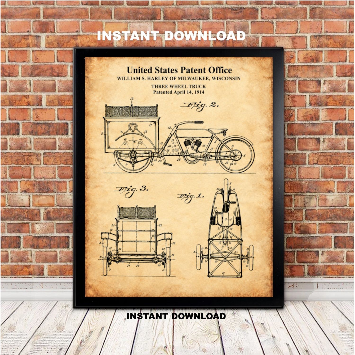 Harley-Davidson Three-Wheel Truck Patent 1914 – William S. Harley Patent Art – Vintage Motorcycle Wall Art Patent – Printable 8x10, 11x14 &amp; 16x20