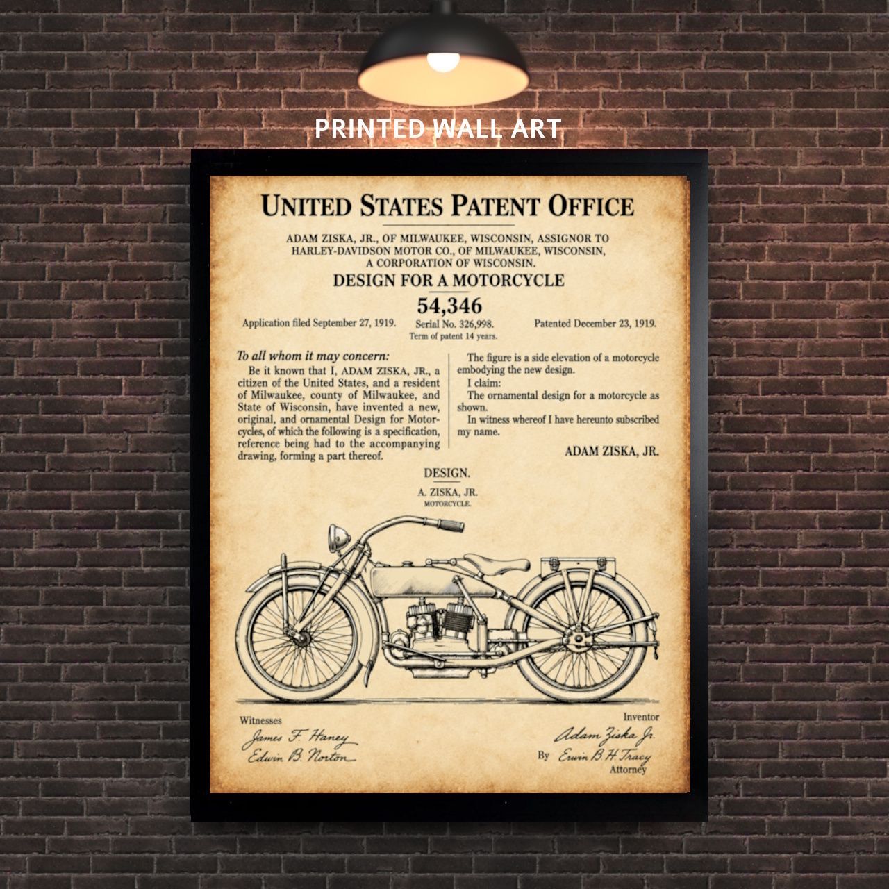 1919 Harley-Davidson Motorcycle Art, Vintage Motorcycle Patent Wall Art, Adam Ziska D54346 – Printed 11x14