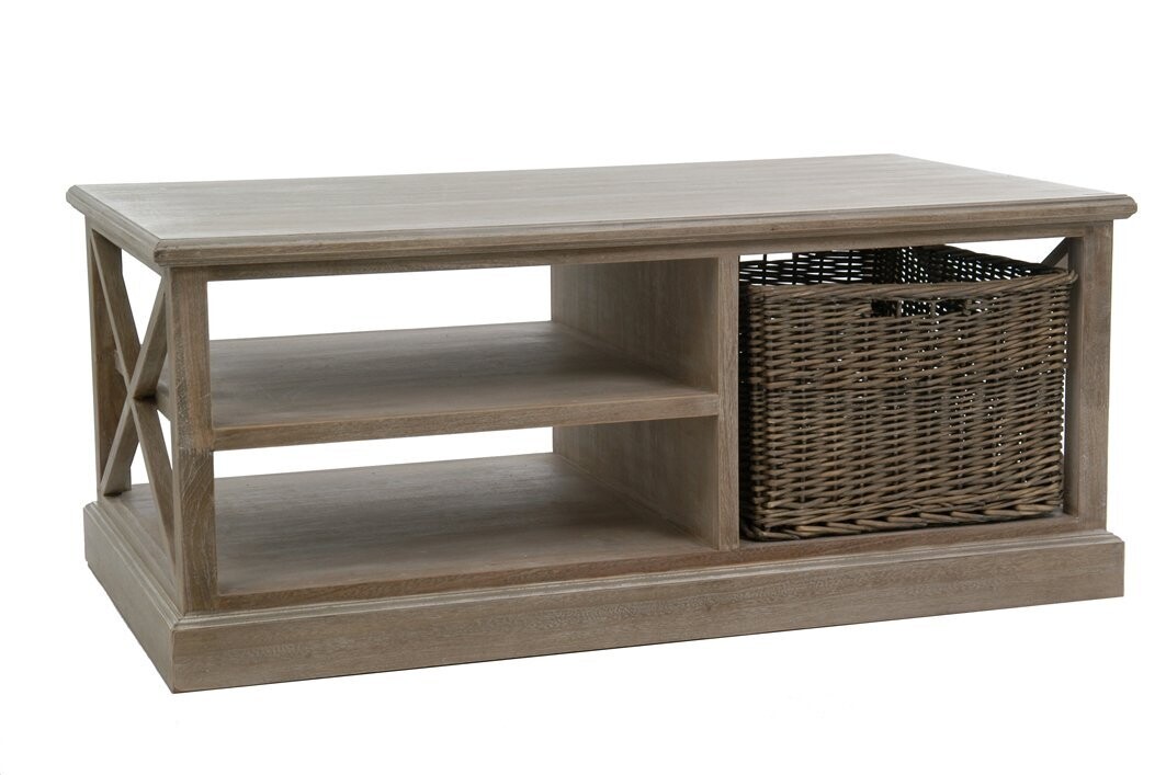 PORTICO GREY WASHED COFFEE TABLE WITH 1 BASKET AND 2 SHELVES