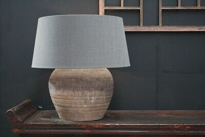 UNGLAZED LARGE POTTERY LAMP WITH NATURAL COARSE LINEN SHADE