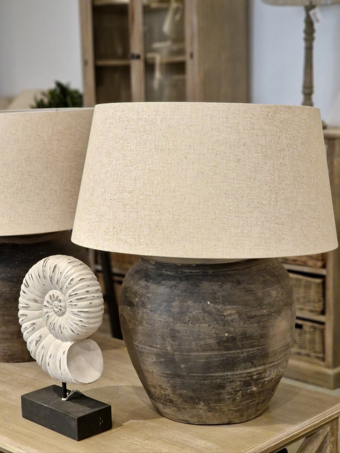 UNGLAZED LARGE POTTERY LAMP  WITH NATURAL COARSE LINEN SHADE