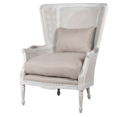 CELIA CANE WINGED CHAIR WITH TAUPE LINEN CUSHIONS
