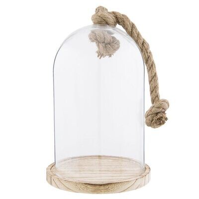 GLASS CLOCHE WITH ROPE AND A WOODEN BASE
