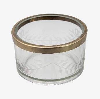 RIBBON ETCHED GLASS AND BRASS RIM DISH