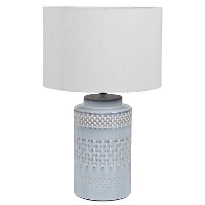 PALE BLUE CERAMIC LAMP BASE AND LINEN SHADE