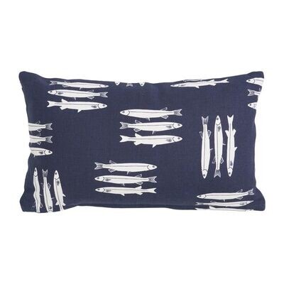FISHY FISHY PRINT CUSHION IN NAVY AND WHITE