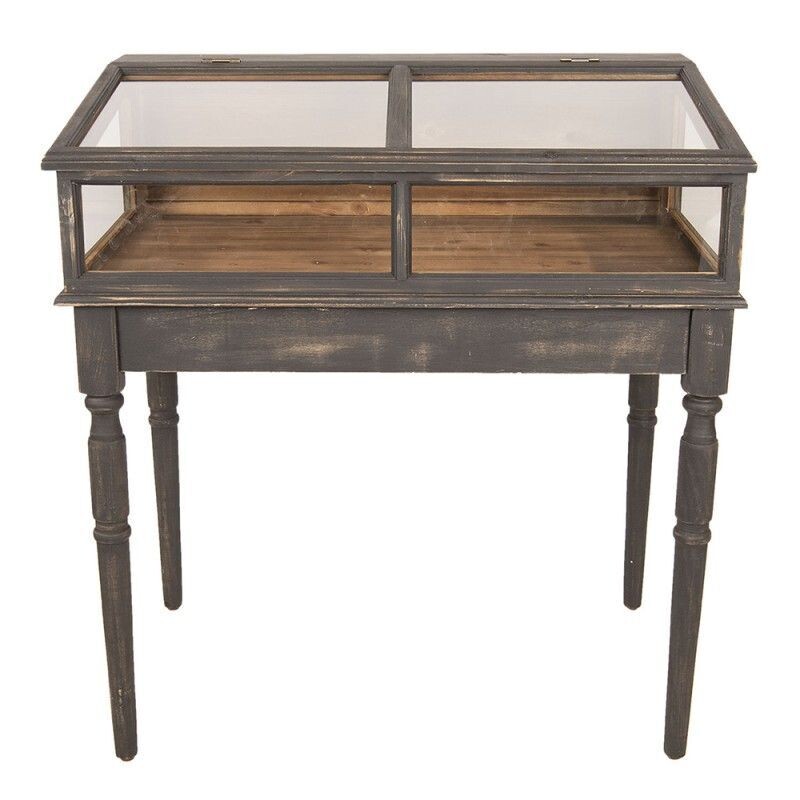 DARK GREY WASHED WOOD AND GLASS DISPLAY TABLE