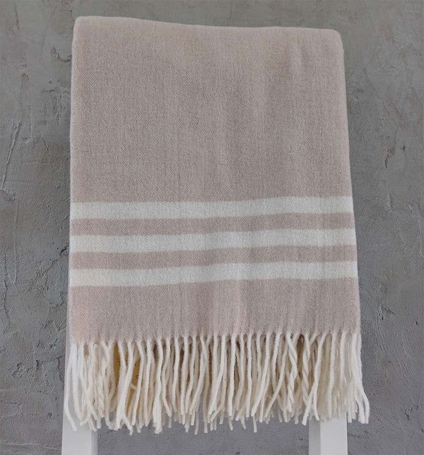 PURE WOOL THROW IN BEIGE WITH WHITE STRIPE