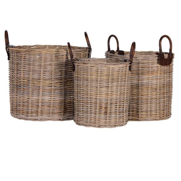 ST IVES ROUND LOG BASKET WITH LEATHER HANDLES IN LARGE