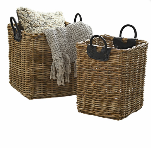 SQUARE TALL LEATHER HANDLE BASKET LARGE