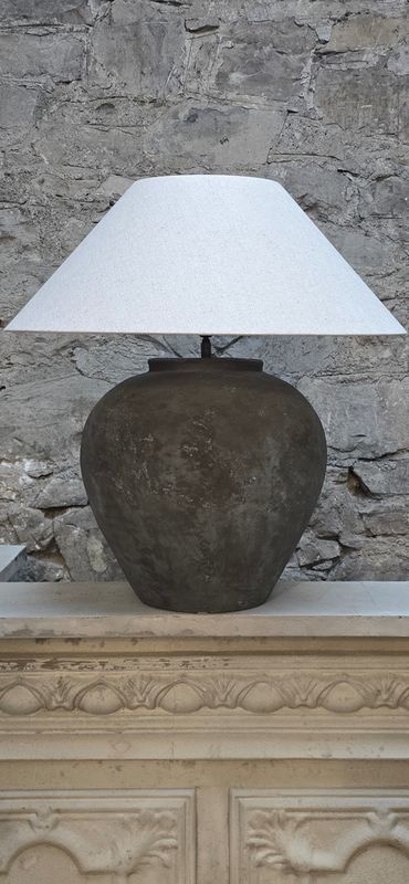 CORONZOLI GREY PLASTERED LAMP WITH LINEN SHADE