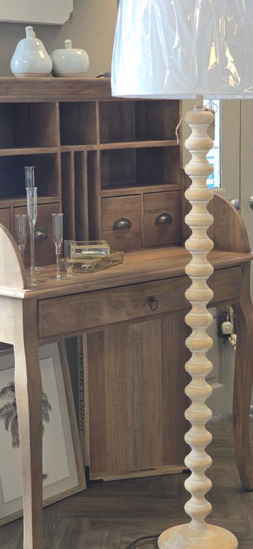 TURNED BASE WOODEN FLOOR LAMP WITH LINEN SHADE