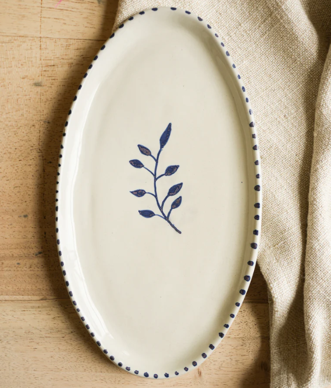HAND PAINTED BOTANIC OVAL PLATE IN INK