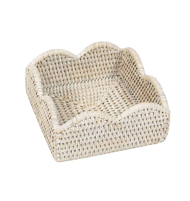 WHITE WASHED RATTAN SCALLOPED COCKTAIL NAPKIN HOLDER