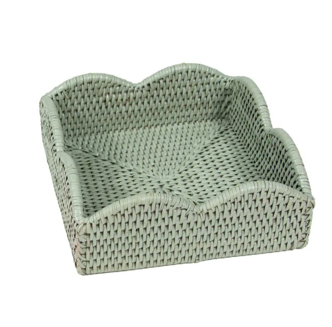 ROBINS EGG GREEN RATTAN SCALLOPED LUNCH NAPKIN HOLDER