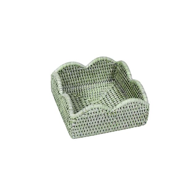 ROBINS EGG GREEN RATTAN SCALLOPED COCKTAIL NAPKIN HOLDER