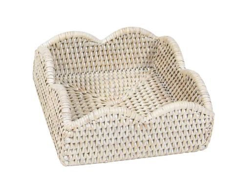 WHITE WASHED RATTAN SCALLOPED LUNCH NAPKIN HOLDER