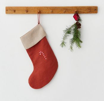 RED LINEN STOCKING WITH EMBROIDERED CANDY CANE