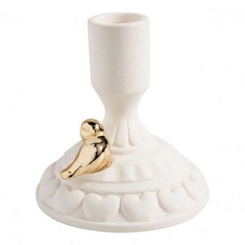 WHITE CERAMIC CANDLE HOLDER WITH  GOLD BIRD
