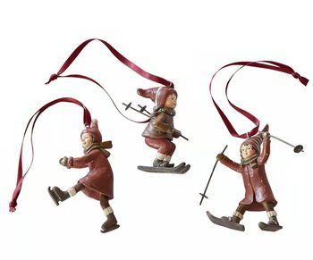 SET OF 3 VINTAGE SKIERS ON RED SATIN BOWS