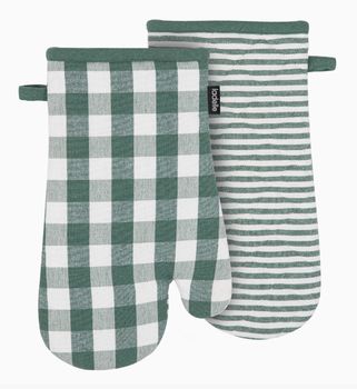 GREEN STRIPE AND GINGHAM SET OF 2 OVEN MITTS