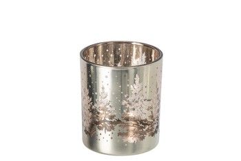 SILVER GLASS ETCHED TREE CANDLE HOLDER IN MEDIUM