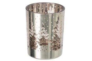 SILVER GLASS ETCHED TREE CANDLE HOLDER IN LARGE