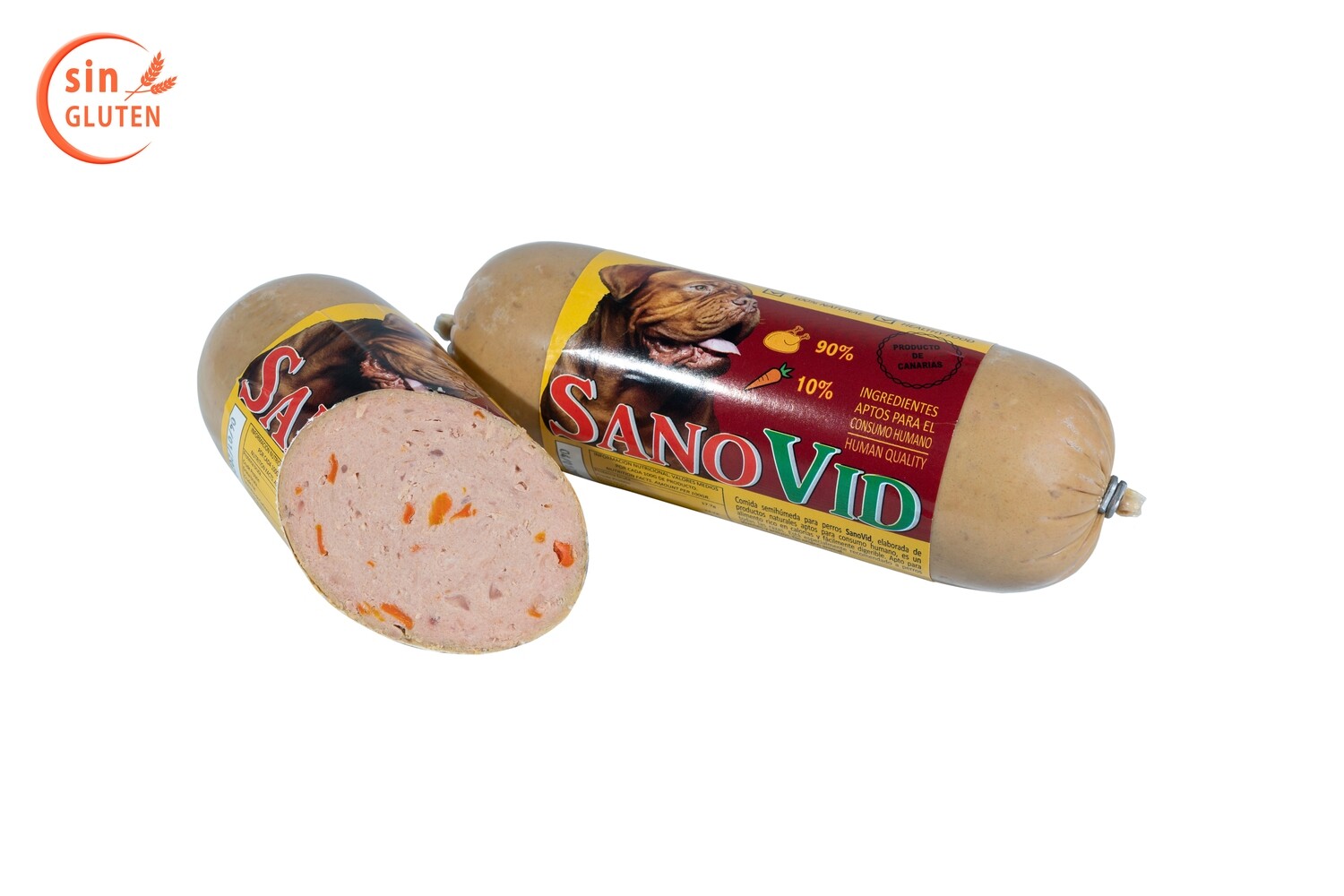 Sanovid (pollo y zanahoria), salchicha 600 gr. en caja de 10 ud.