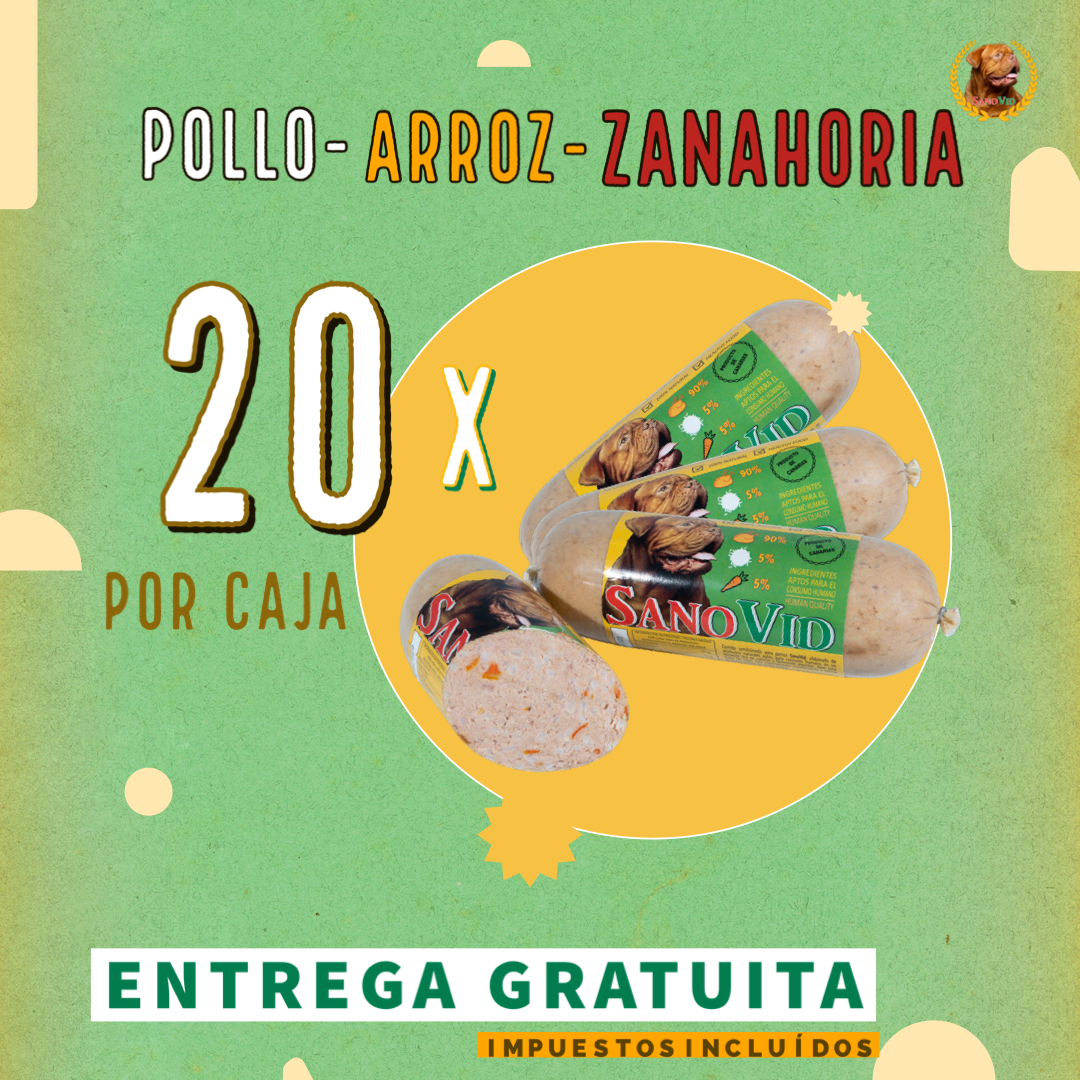 Sanovid Pollo-Arroz-Zanahoria, caja de 20 Uds., 600 gr./cada salchicha