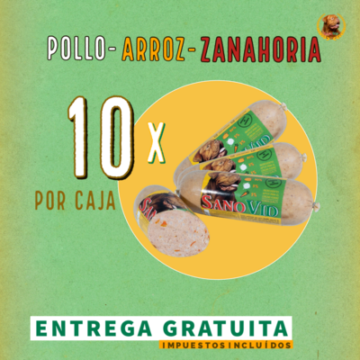 Sanovid Pollo-Arroz-Zanahoria, caja de 10 Uds., 600 gr./cada salchicha