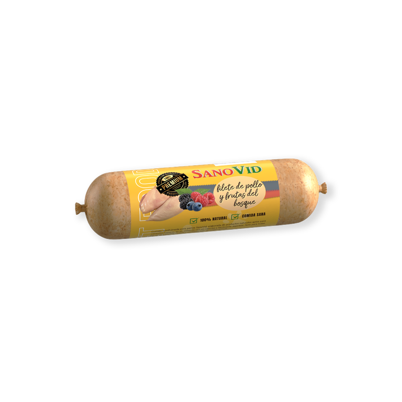Comida premium para perros con pechuga de pollo y frutas del bosque – Caja 48 uds × 150g