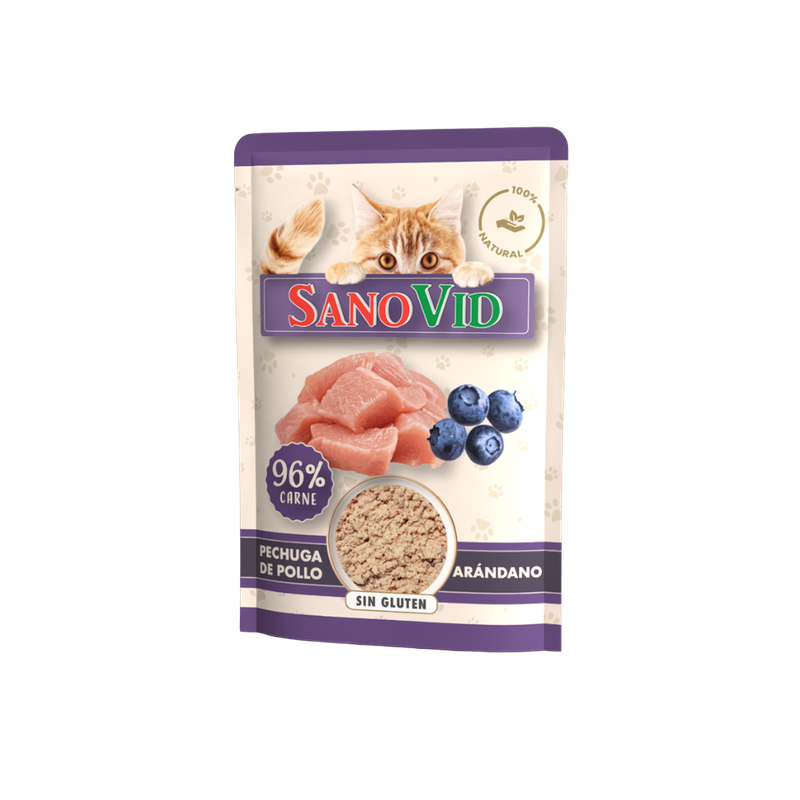 Sobres de comida húmeda para gatos – pollo y arándanos – Caja 24 uds × 85g