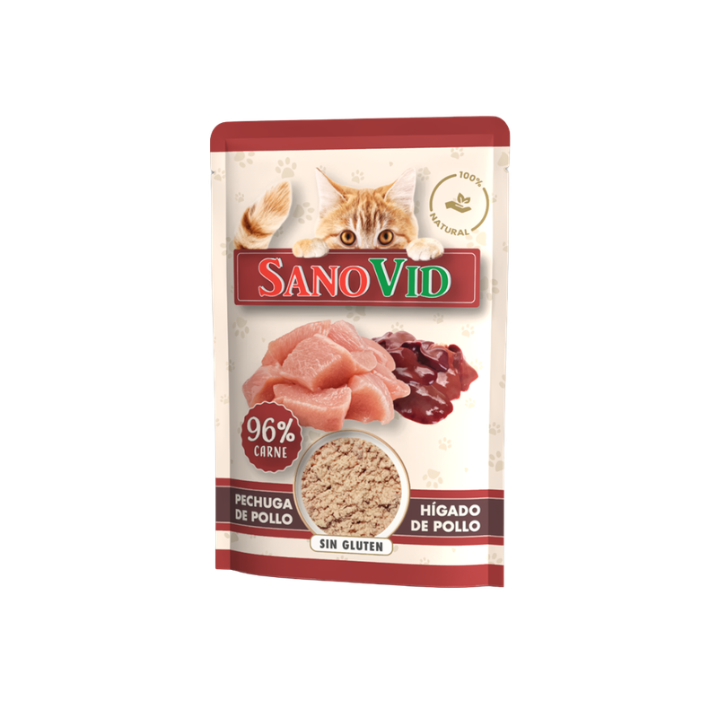 Sobres de comida húmeda para gatos – pollo e hígado – Caja 24 uds × 85g