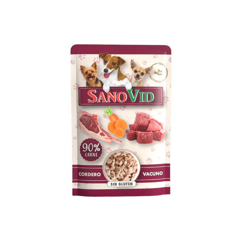 Sobres de comida húmeda para perros – vacuno y cordero – Caja 24 uds × 85g