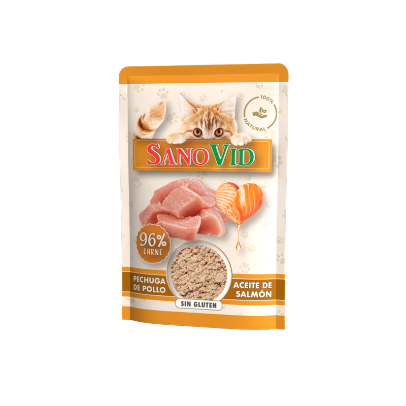 Sobres de comida húmeda para gatos – pollo y salmón – Caja 24 uds × 85g
