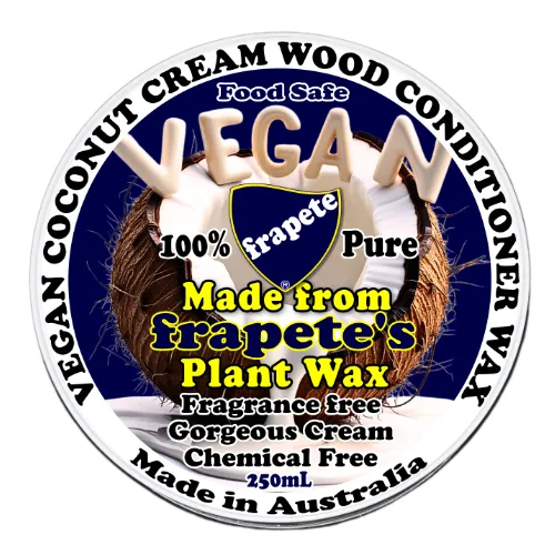 frapete vegan coconut oil cutting board conditioner made with frapete made plant synthetic beeswax showing the really nice top label