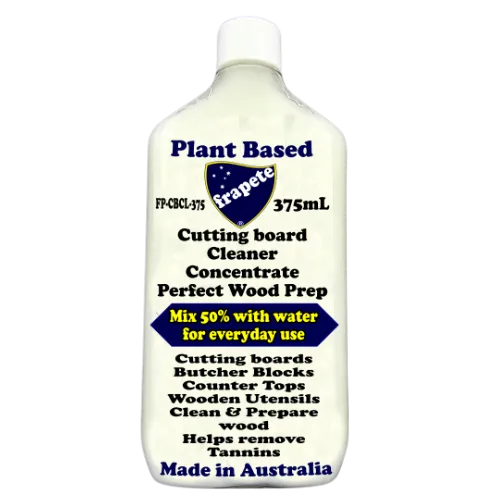 The Front 375mL bottle of frapete plant-based cutting board eco cleaner cleans and neutralises odours on well-used or new wooden surfaces, inclu
