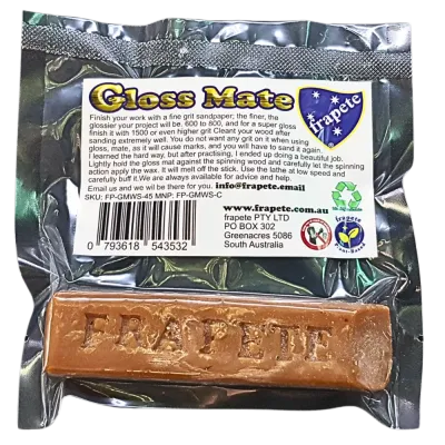 one stick of frapete pure  carnauba wax woodturning stick that makes the perfect gloss finish in a vacuum pack bag 