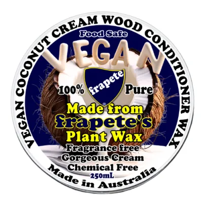 frapete vegan coconut oil cutting board conditioner made with frapete made plant synthetic beeswax showing the really nice top label