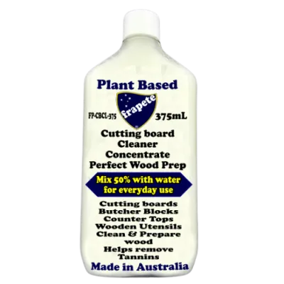 The Front 375mL bottle of frapete plant-based cutting board eco cleaner cleans and neutralises odours on well-used or new wooden surfaces, inclu