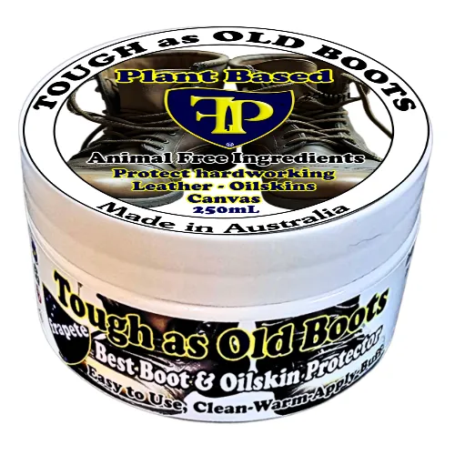 frapete Tough as Old Boots 240mL pot of hard working leather protector showing the well designed labels