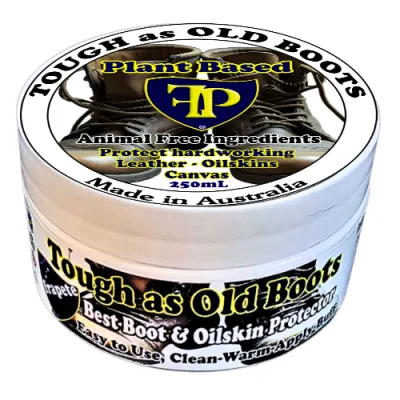 frapete Tough as Old Boots 240mL pot of hard working leather protector showing the well designed labels