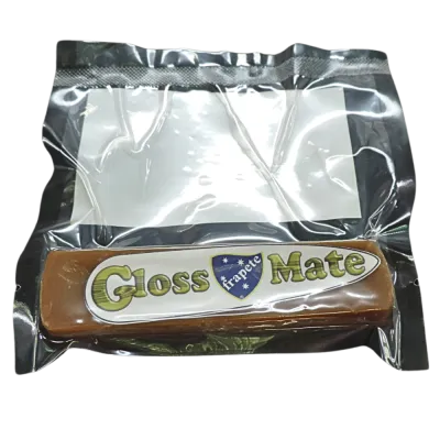 One stick of frapete pure  carnauba wax woodturning stick that makes the perfect gloss finish in a vacuum pack bag showing wax stick label
