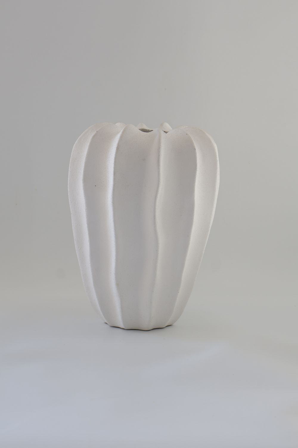 ​White ceramic vase features a bold, ribbed melon/cactus-like design